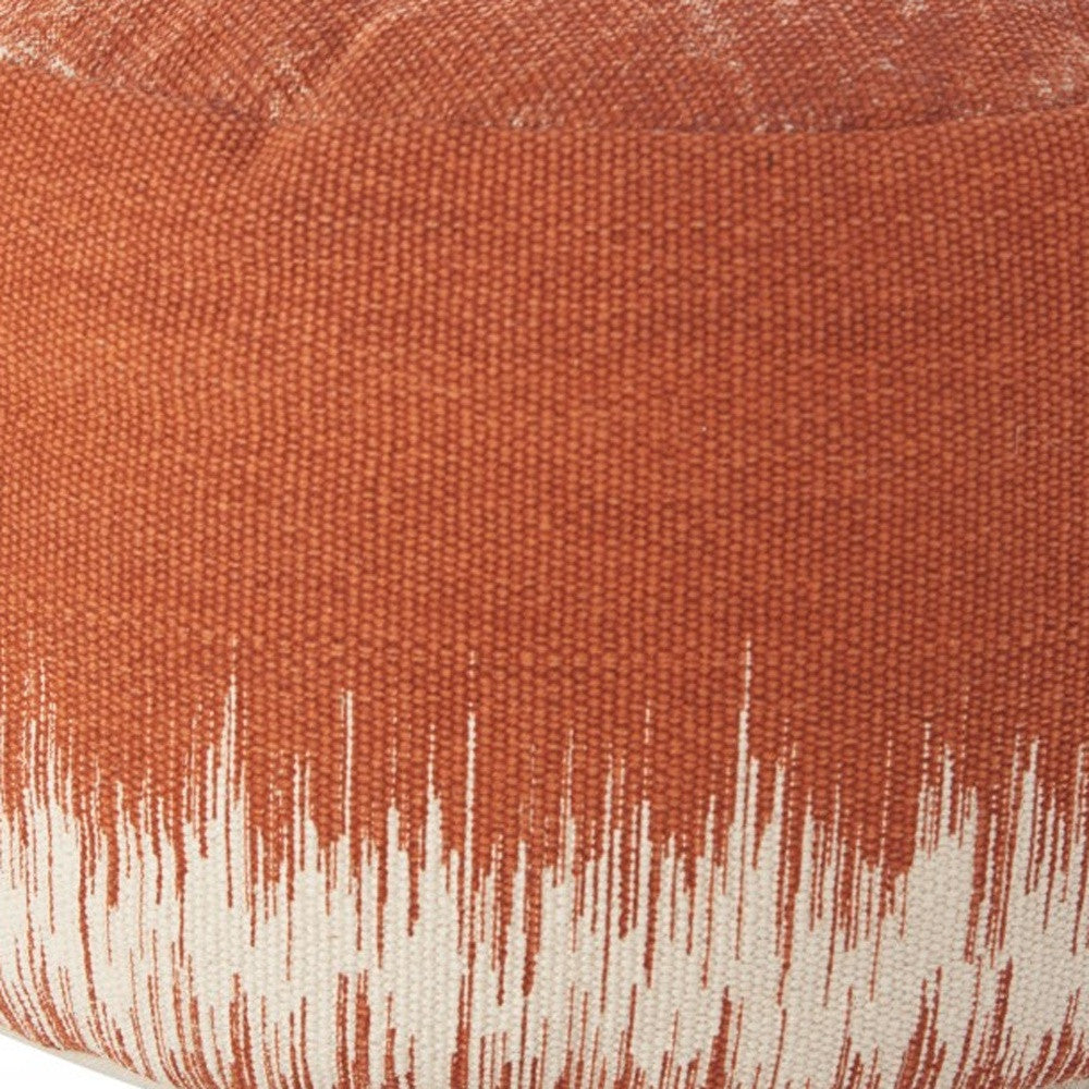 20" Orange and White Cotton Round Abstract Pouf Ottoman