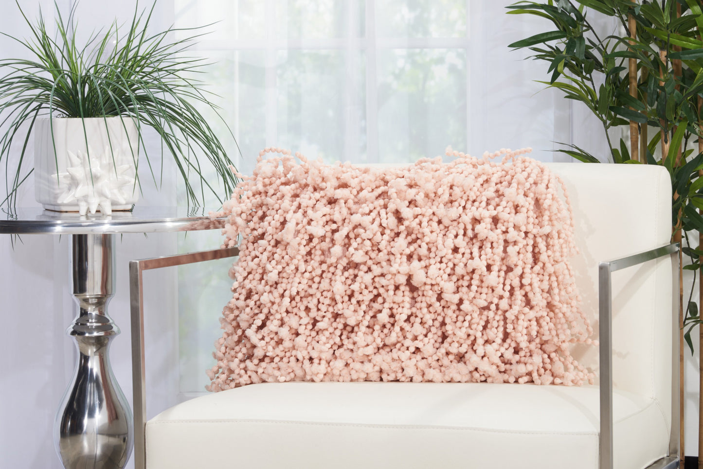 14" X 20" Pale Pink Shaggy Beads Lumbar Throw Pillow