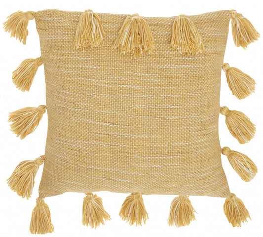 18" Yellow Polyester Blend Throw Pillow With Tassels