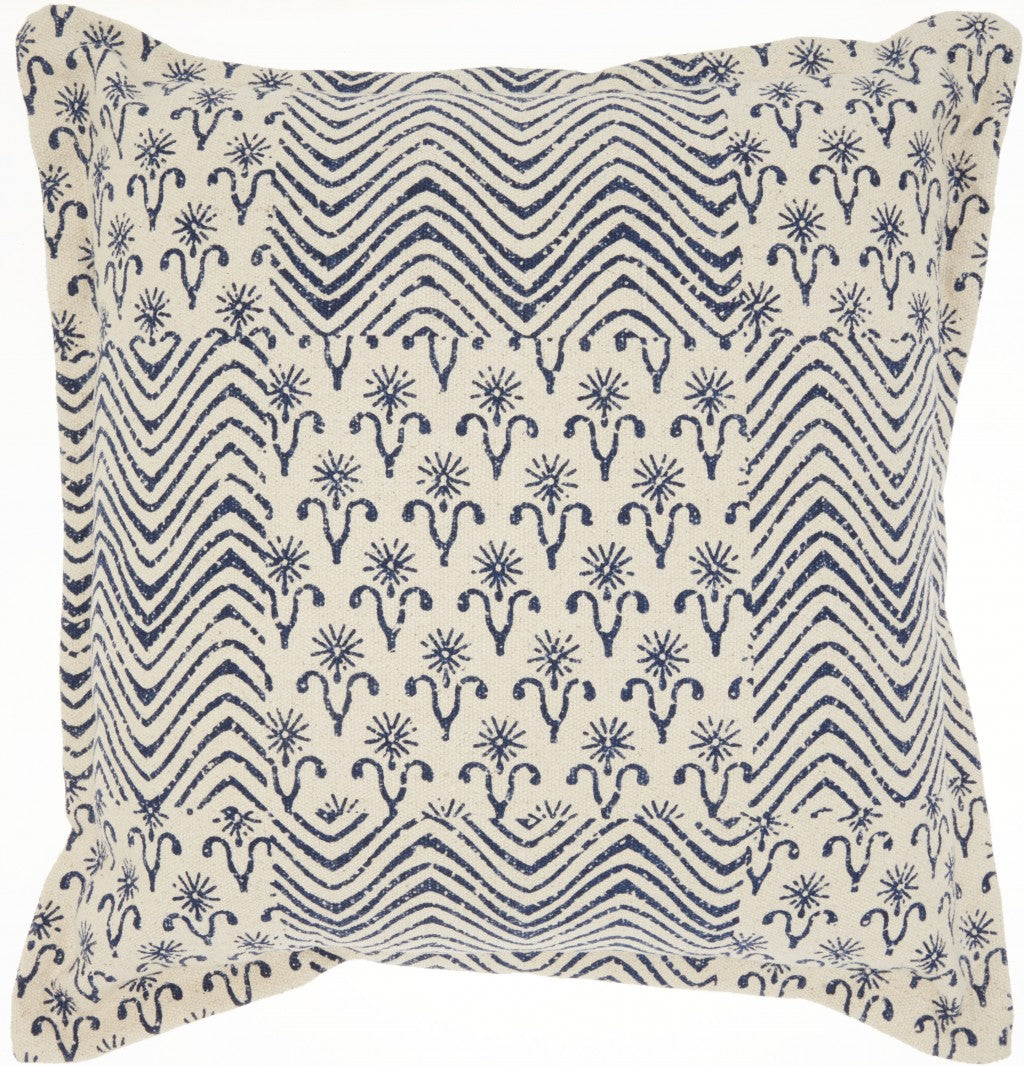 Indigo And Ivory Floral Waves Throw Pillow