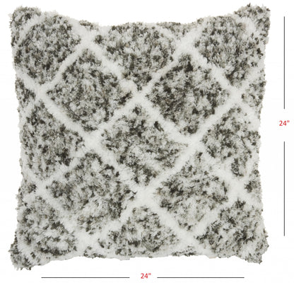 24" White and Gray Diamond Faux Fur Throw Pillow