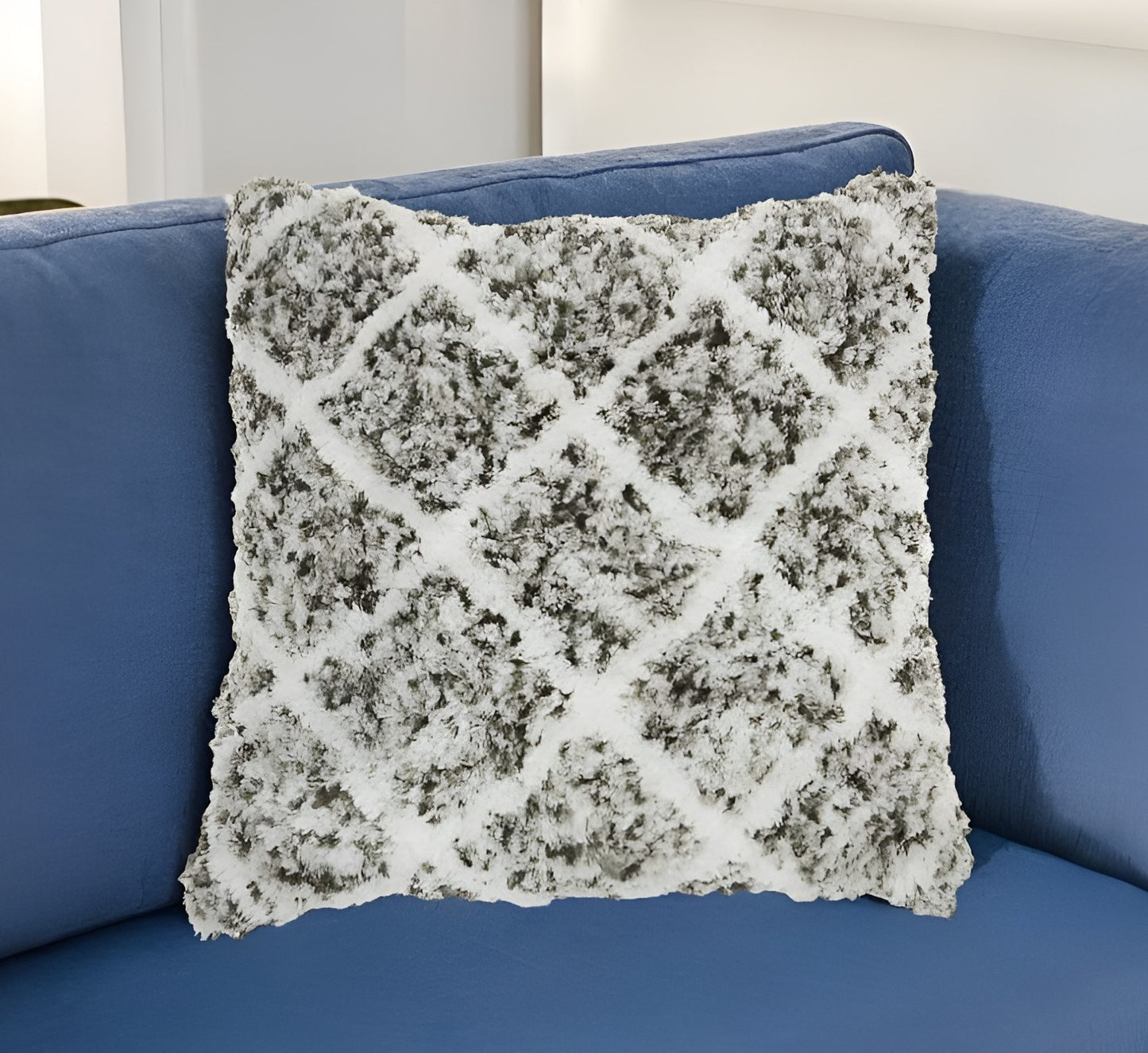 24" White and Gray Diamond Faux Fur Throw Pillow