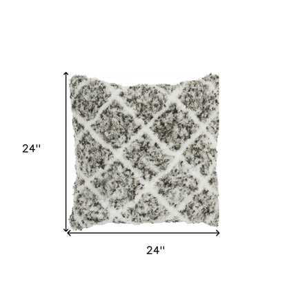 24" White and Gray Diamond Faux Fur Throw Pillow