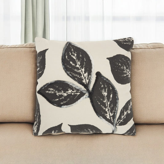 20" Charcoal Gray and Beige Floral Throw Pillow With Embroidery