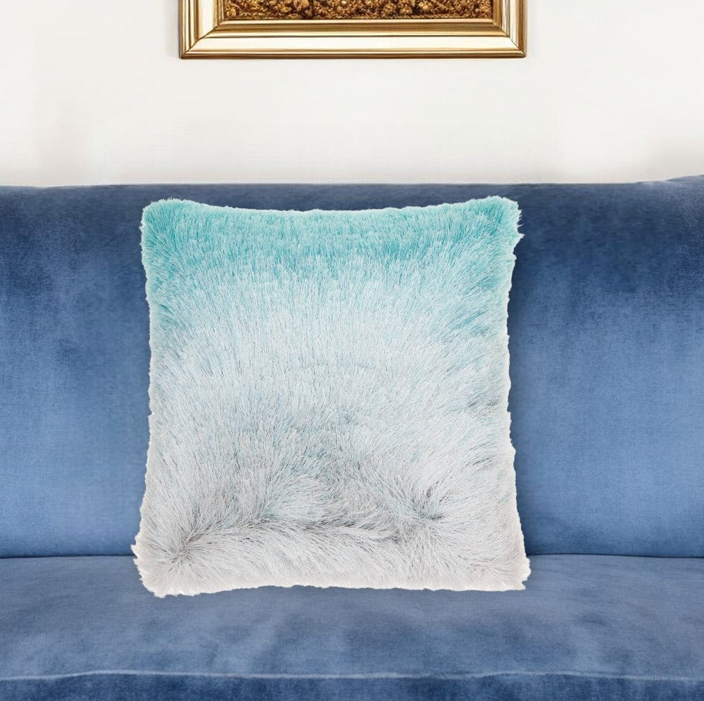 20" Turquoise and Silver Ombre Faux Fur Throw Pillow