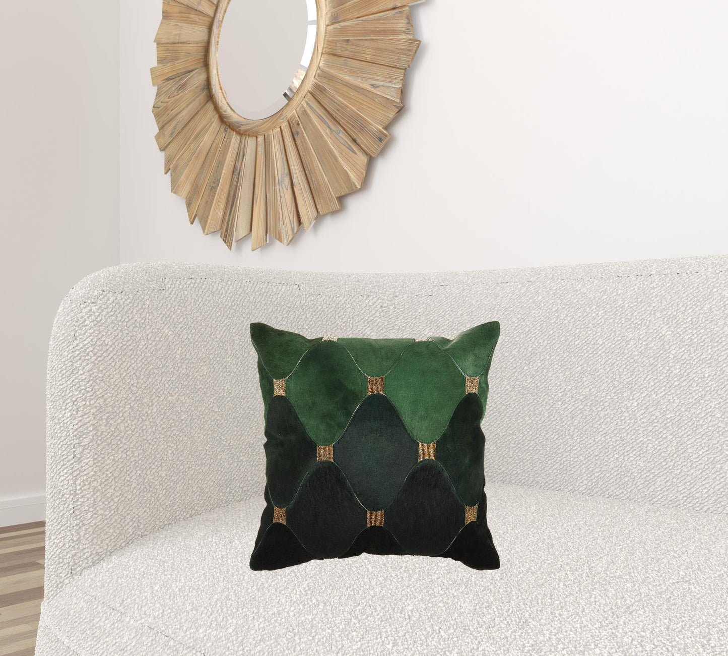 18" X 18" Green Geometric Cowhide Pillow With Sequins