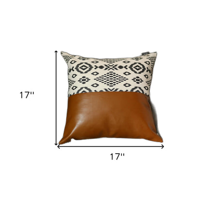 17" Brown and White Geometric Faux Leather Throw Pillow Cover