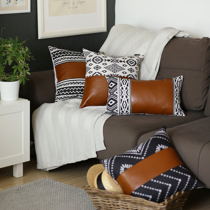 Black And White Pearl Geo With Brown Faux Leather Pillow Cover