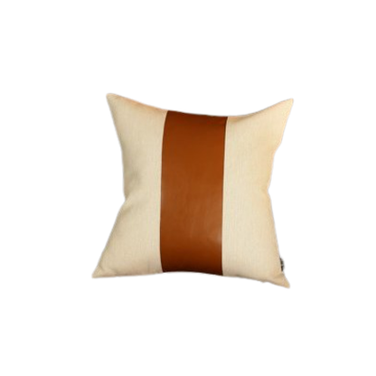 17" Ivory and Brown Striped Polyester and Faux Leather Throw Pillow Cover