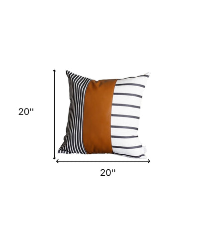 20" X 20" Black And White Stripes And Faux Leather  Pillow Cover