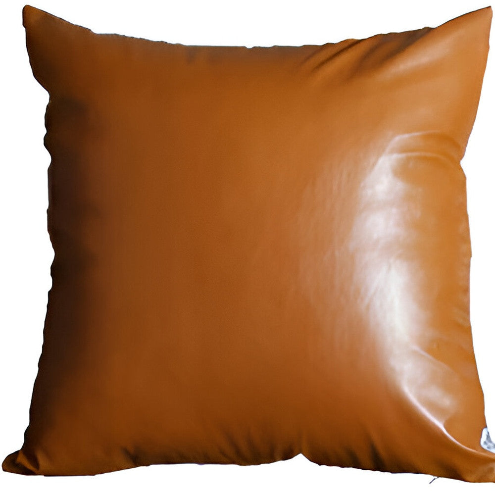 Set Of 2 Solid Caramel Brown Faux Leather Pillow Covers