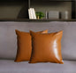 Set Of 2 Solid Caramel Brown Faux Leather Pillow Covers