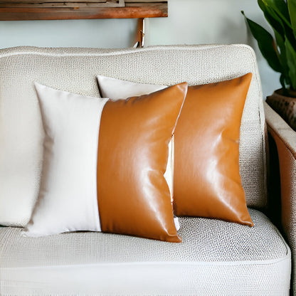 Set of Two 17" Brown and White Faux Leather Throw Pillow Cover