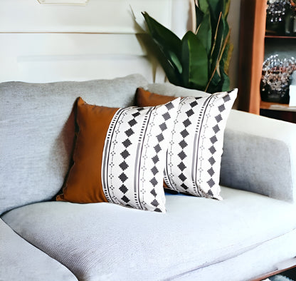 Set of Two Brown and White Faux Leather Throw Pillow Cover