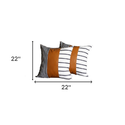 Set Of 2 Monochromic Stripe Ends And Brown Faux Leather Lumbar Pillow Covers