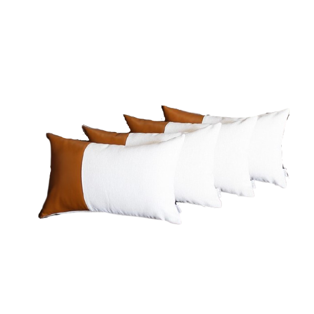 Set Of 4 White And Quarter Brown Faux Leather Lumbar Pillow Covers