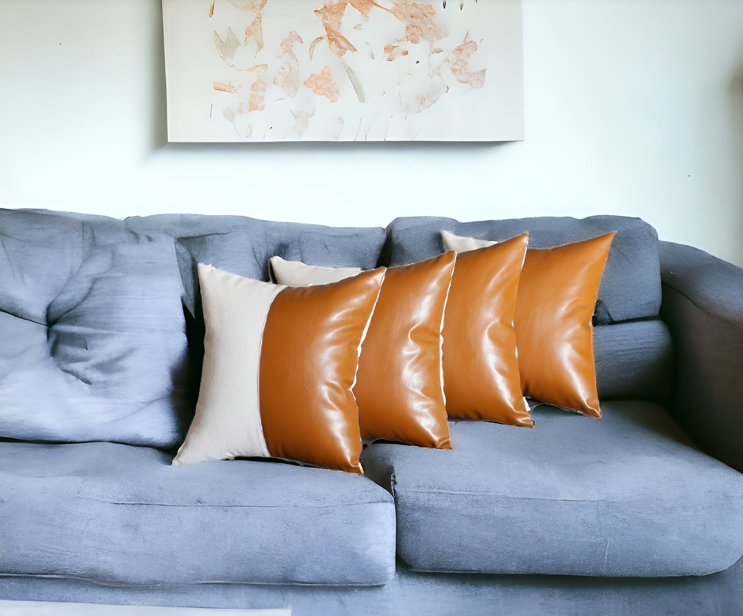 Set Of 4 Brown And White Pearl With Faux Leather Lumbar Pillow Covers