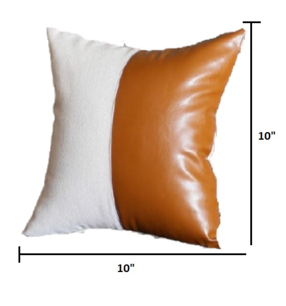 Set Of 4 Brown And White Pearl With Faux Leather Lumbar Pillow Covers