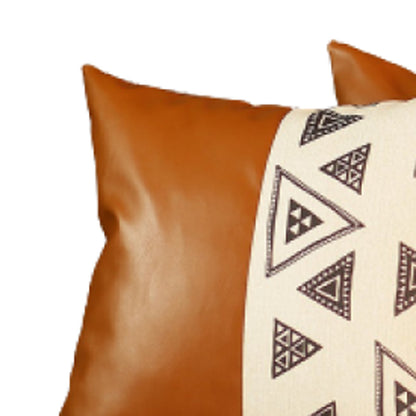 Set Of 4 Triangle And Brown Faux Leather Pillow Covers