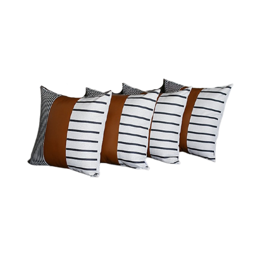 Set of Four 22" Brown and White Faux Leather Throw Pillow Cover