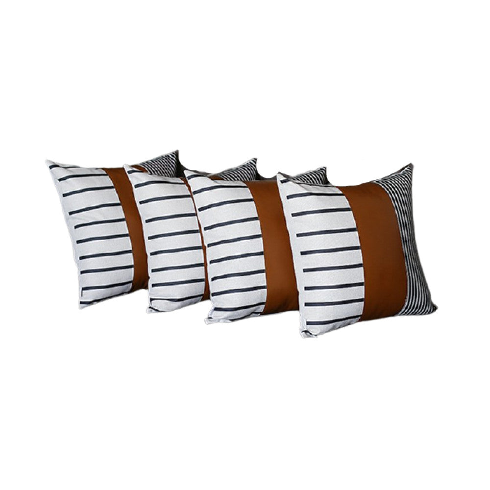 Set of Four 22" Brown and White Faux Leather Throw Pillow Cover