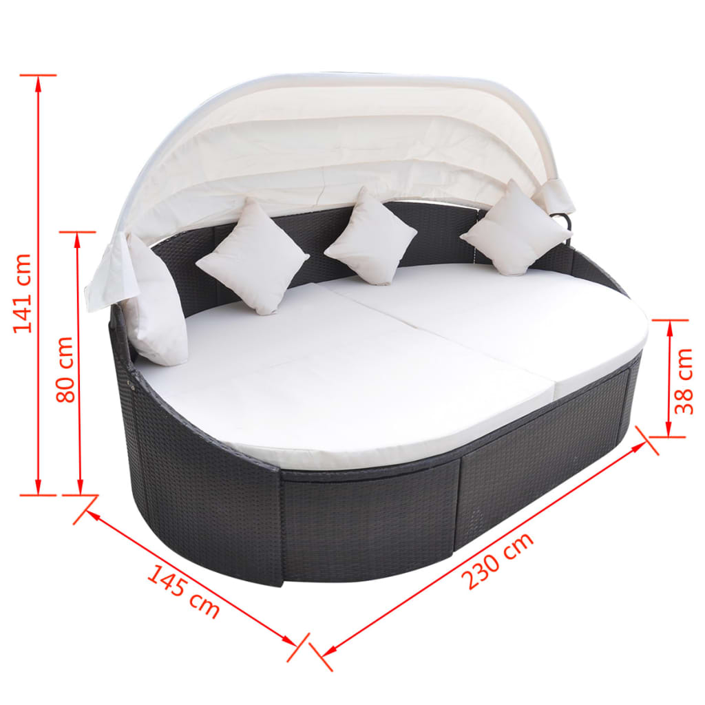 Patio Lounge Bed with Canopy Poly Rattan Brown