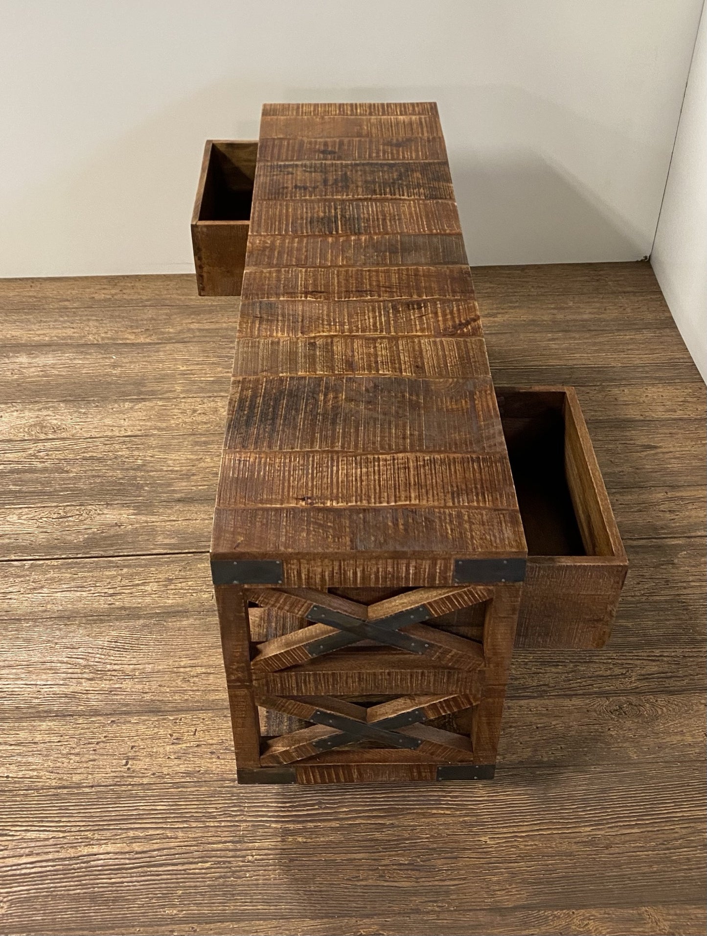 18" Brown and Black Solid Wood Distressed Wheel Console Table With Shelves And Drawers