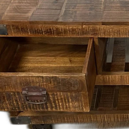 18" Brown and Black Solid Wood Distressed Wheel Console Table With Shelves And Drawers