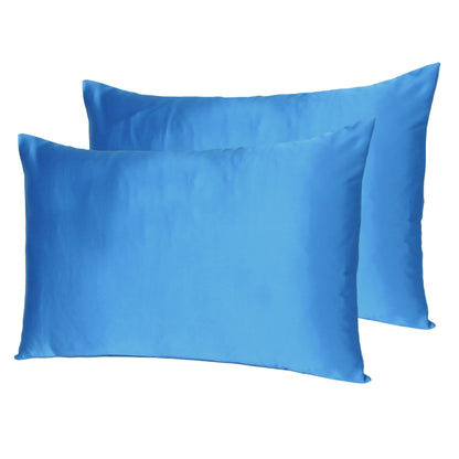 Set of Two Bright Blue Dreamy Silky Satin King Pillowcases