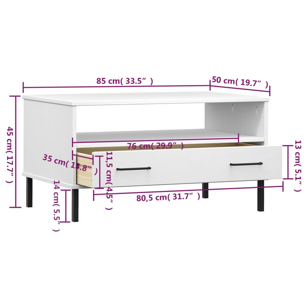 Coffee Table with Metal Legs White 33.5"x19.7"x17.7" Solid Wood OSLO