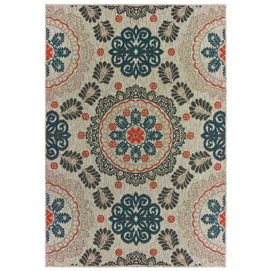 3' X 5' Blue and Gray Damask Indoor Outdoor Area Rug