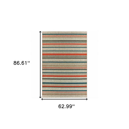 5' X 7' Blue and Gray Striped Indoor Outdoor Area Rug