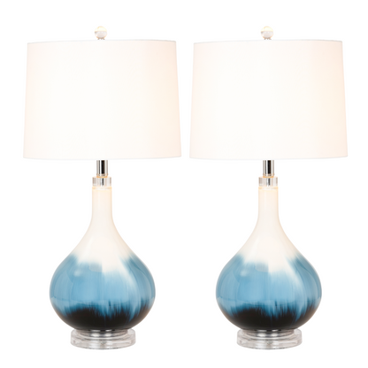 Set of Two 29" Blue and White Glass Table Lamps With White Shades