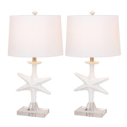 Set of Two 28" Clear and White Coastal Star Fish Table Lamps Coastal With White Drum Shades