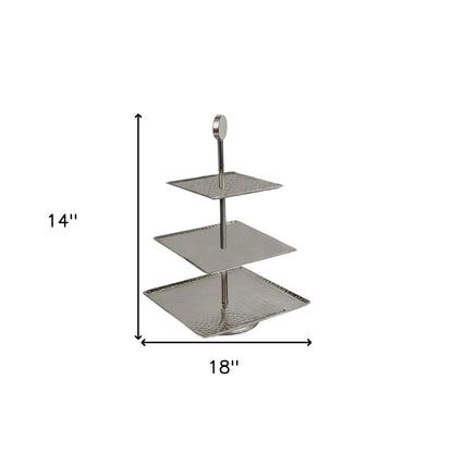 14" Silver Square Stainless Steel Hammered Three Tier Tray