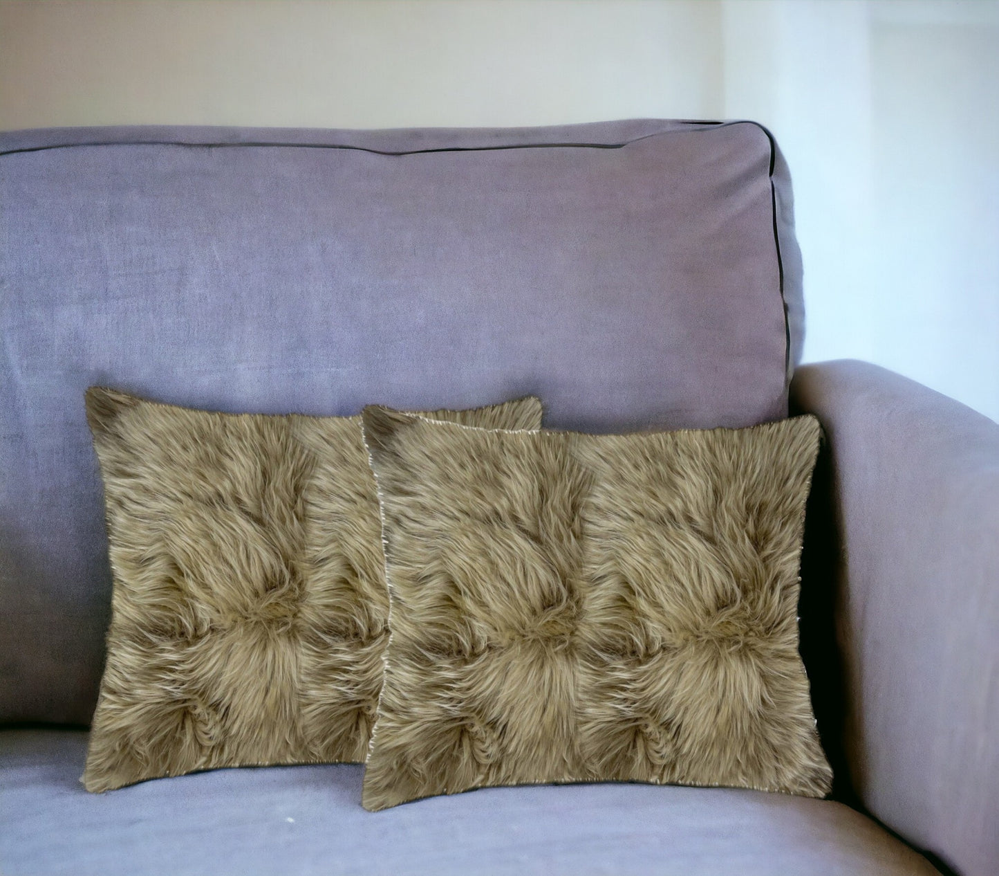 Set of Two Taupe Sheepskin Throw Pillow