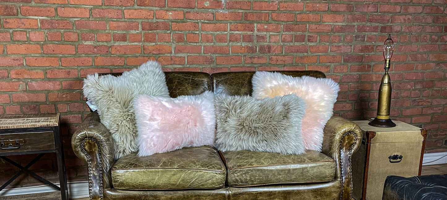 Set of Two 12" X 20" Taupe Sheepskin Lumbar Throw Pillows