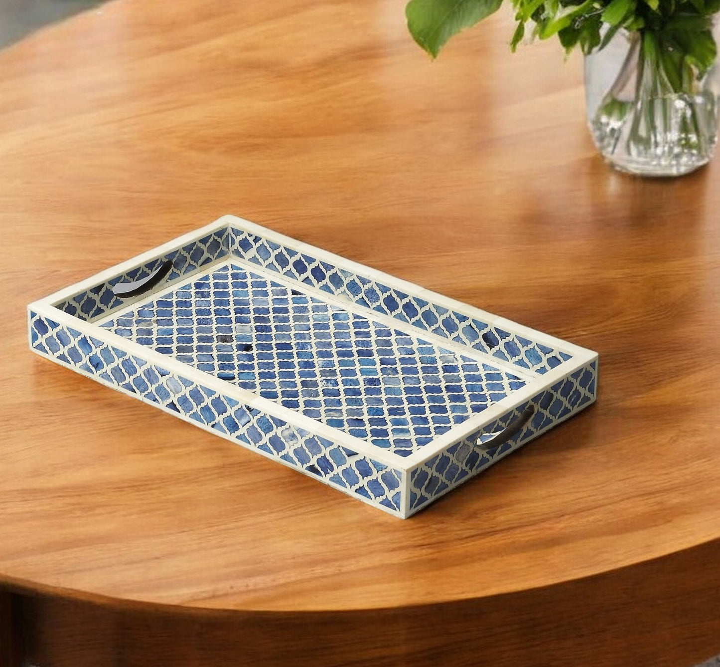 12" Blue Wood Geometric Serving Tray