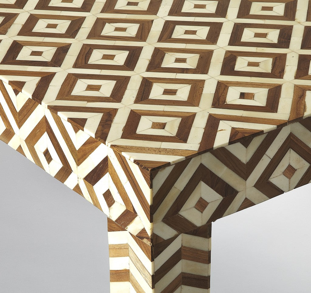 Geo And Chevron Teak And Bone Inlay Bench