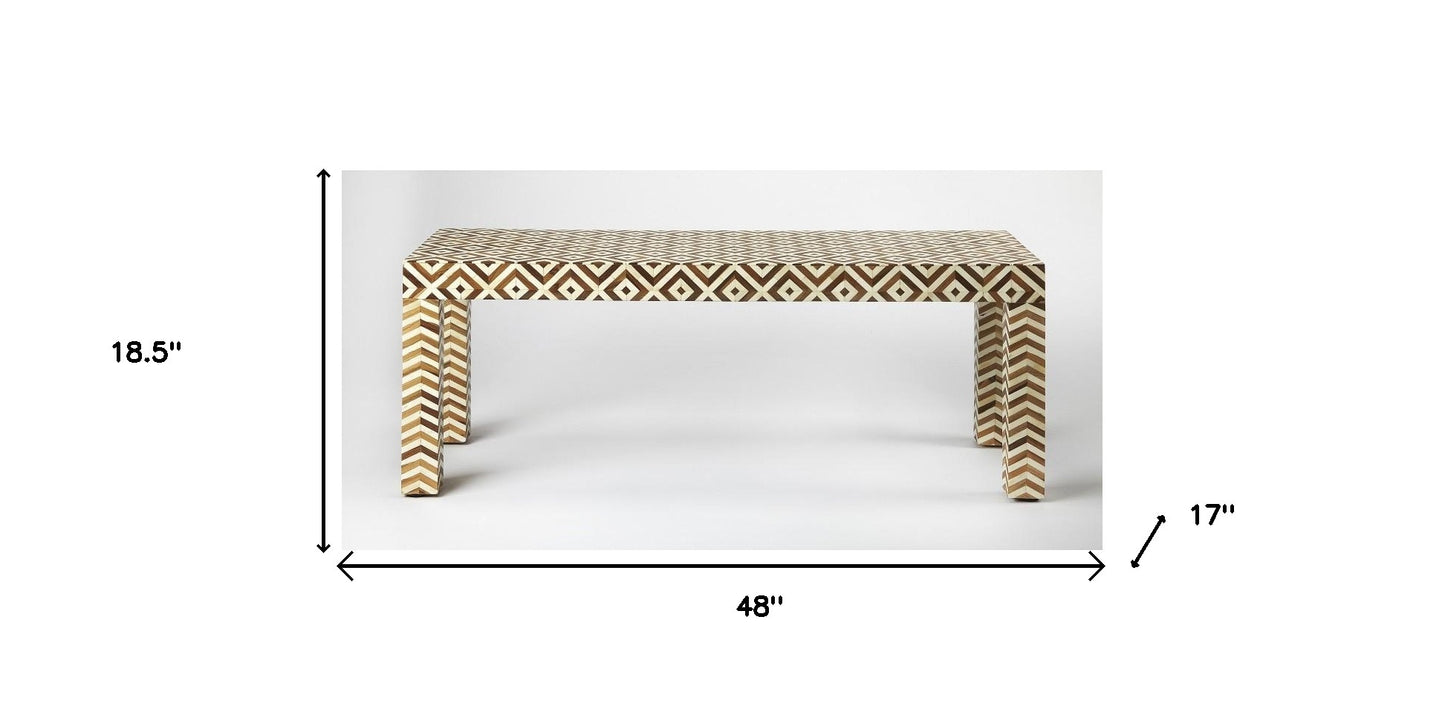 Geo And Chevron Teak And Bone Inlay Bench