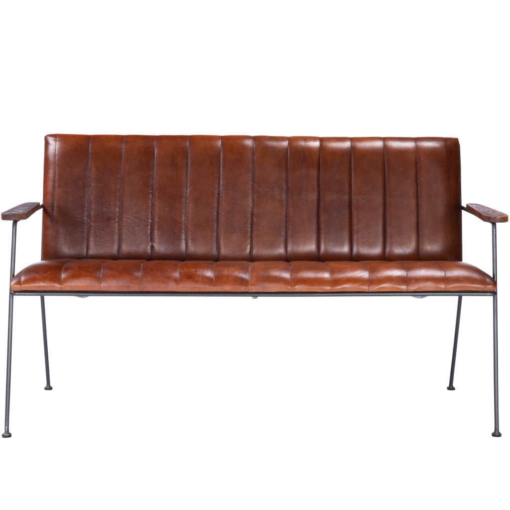 53" Brown and Black Upholstered Faux Leather Distressed Bench