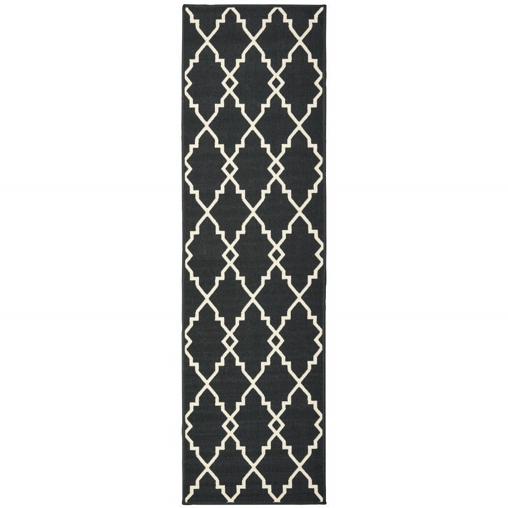 8' X 11' Black and Ivory Indoor Outdoor Area Rug