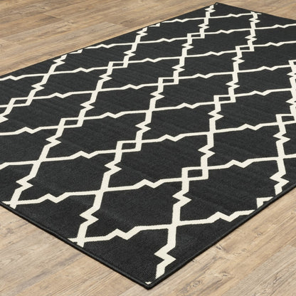 8' X 11' Black and Ivory Indoor Outdoor Area Rug