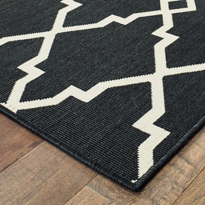 8' X 11' Black and Ivory Indoor Outdoor Area Rug