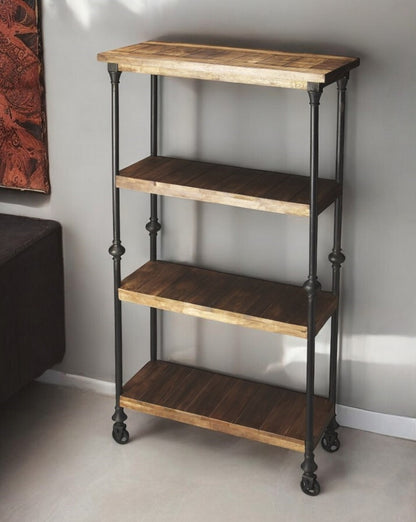 62" Wood Brown Iron Three Tier Standard Bookcase