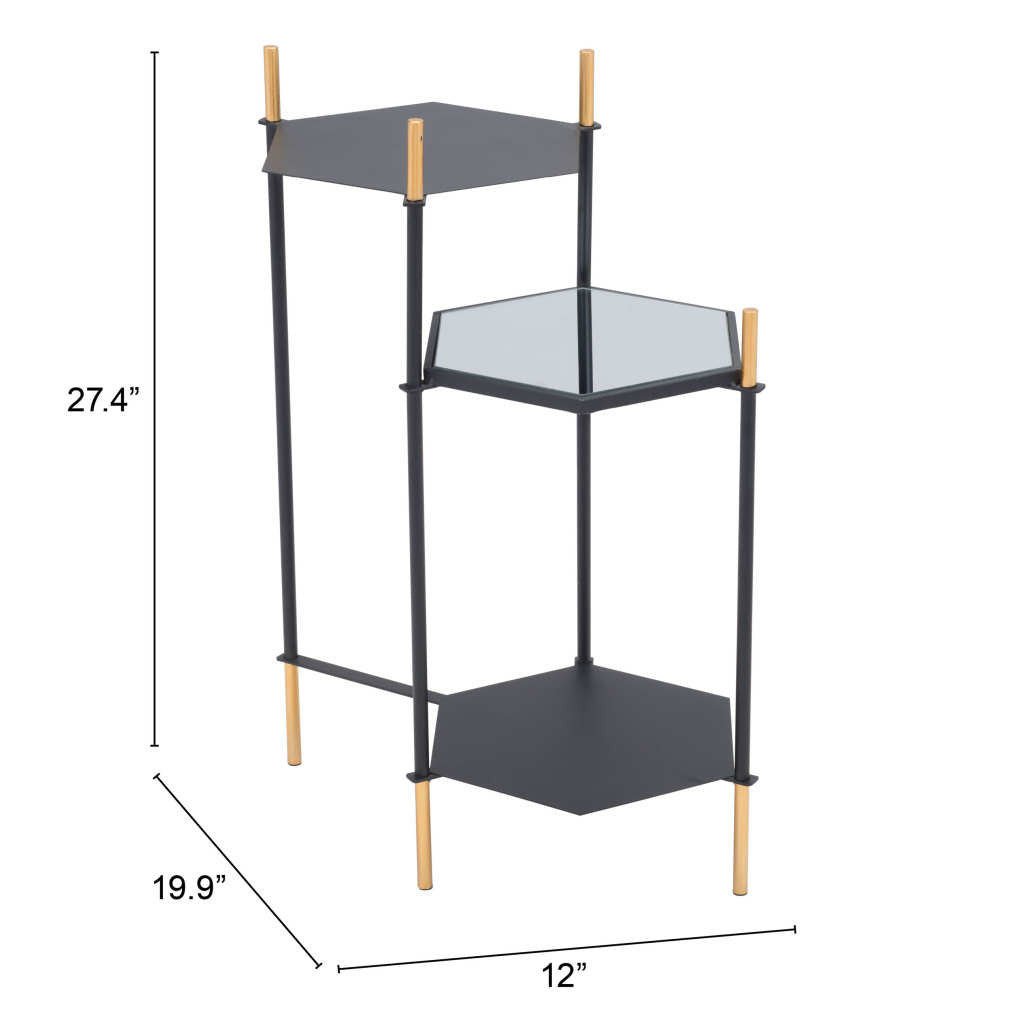 27" Gold And Black Glass End Table With Two Shelves