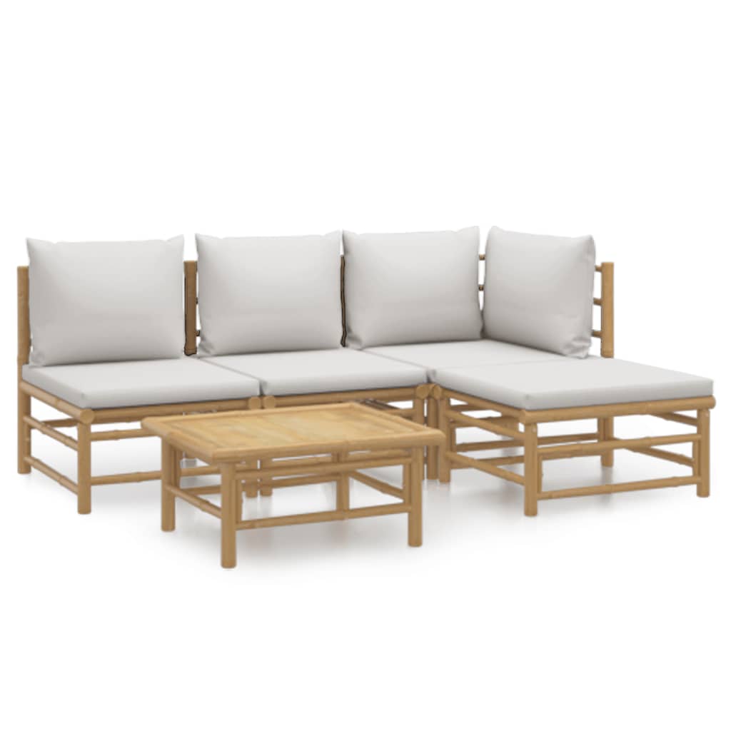 5 Piece Patio Lounge Set with Light Gray Cushions Bamboo