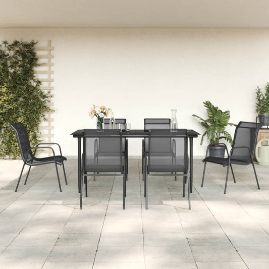 7 Piece Patio Dining Set Black Steel and Textilene