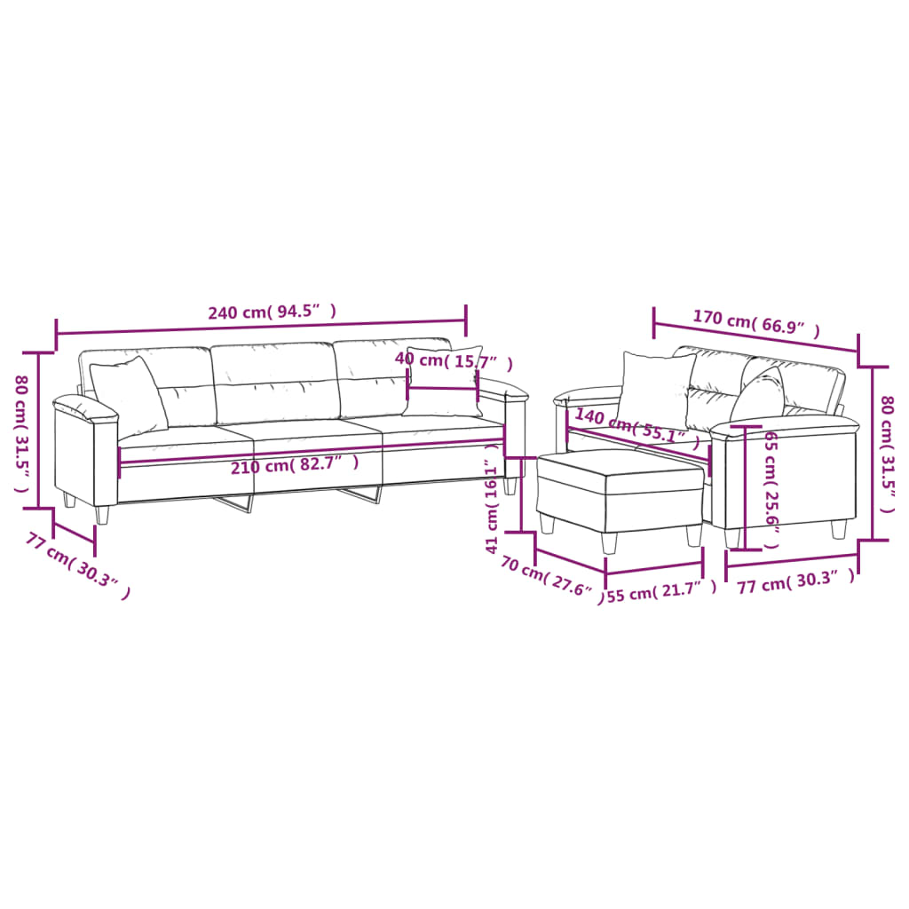 3 Piece Sofa Set with Pillows Light Gray Microfiber Fabric