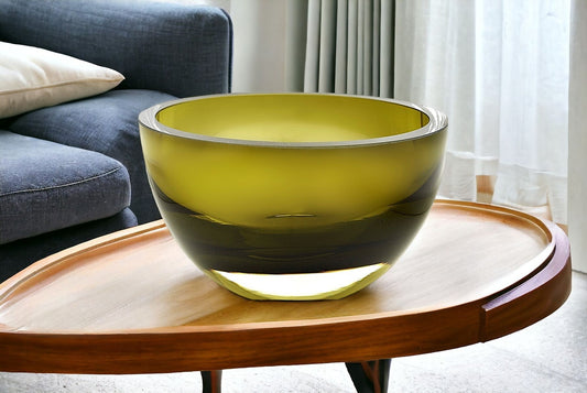 6" Moss Green Mouth Blown Crystal Thick Walled Bowl